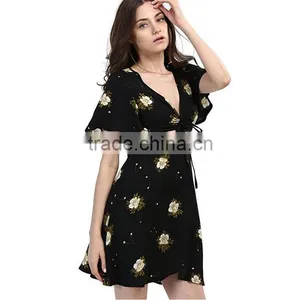 Online Shopping Ladies Fashion Clothing Vintage Chiffon Sexy Women's Flower Printing Black Crop Top Two Piece Dress thumbnail-1