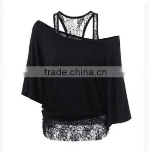 Europe and the United States Miss Ms. Sexy Sexy Lace Leave 2 Sets of Women T-shirt Shirt thumbnail-1