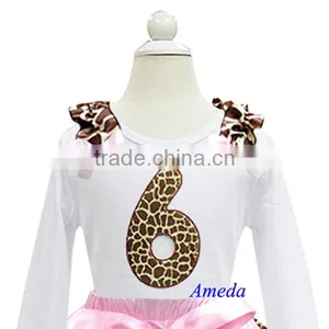 Girls Brown Pink Giraffe 6th Birthday White Long Sleeves Tee 1-7Y thumbnail-1