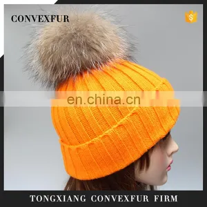 2016 Girls Winter Knitted Fur Bobble Hat With Big Genuine Raccoon Fur Bobble thumbnail-1