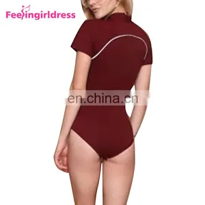 China Factory Wine Red Bodysuit High Elasticity Vintage Romper Cotton Womens Clothing Jumpsuits thumbnail-5