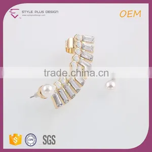E78067I01 STYLE PLUS Shiny Gold Plate Latest Pearl Design Earrings Irregular Casting Jshape Earrings With Shining Glass Diamonds thumbnail-2