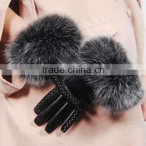 UK Style Women Classic Elegant Raccoon Fur Cuff Sheep Leather Gloves thumbnail-1