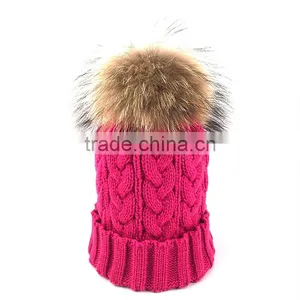 Myfur Hot Pink Knitting Hat With Real Genuine Raccoon Fur Bobble thumbnail-1