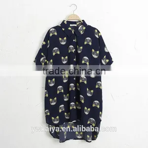 Fashion New Design CVC Cat Print Long Sleeve Soft and Long Fit Casual Women Blouse Hot Sell thumbnail-1