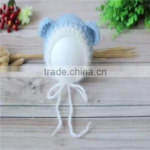 Newborn Knit Bonnet Crochet Mohair Bonnet Ruffle Mohair Hat Knit Bear Hat Baby Photography Props thumbnail-2