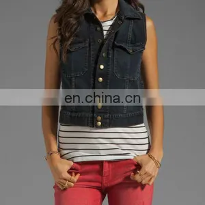 Fashion Women Denim Vest Washed Sleeveless Snap Black Denim Jacket thumbnail-2