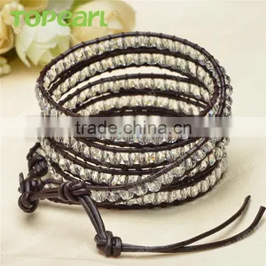 Topearl Jewelry Faceted White Crystal Charm Bracelet Woven Leather Wrap Bangle 33.5 Inches CLL137 thumbnail-3