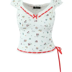 2025 Summer New French Small Fresh and Cute Lace Stitching Bow Knitted T-shirt Top Wholesale thumbnail-1