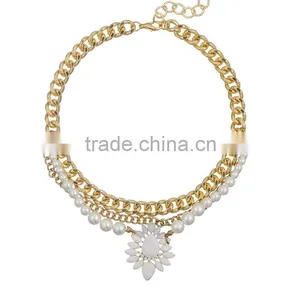 Bali Pearl Jewelry Gold Chain White Acrylic Flower Pendant Choker Necklace thumbnail-1