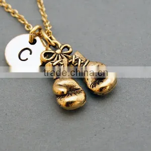 Boxing Gloves Necklace and Initial, Silver Boxing Glove Charm, Personalized Initial Necklace,Gold Silver Monogram Necklace thumbnail-1