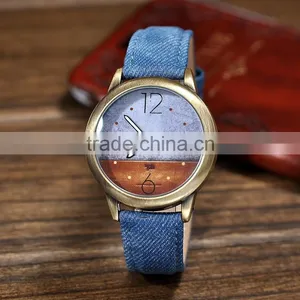 Bronze Women Copper Denim Strap Quartz High Quality Wrist Watch thumbnail-1