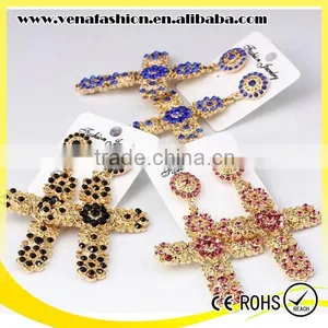 Zhejiang Mix Colors Rhinestone Long Large Cross Earring thumbnail-1
