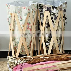 High Quality Round Home Foldable Laundry Storage Basket With Wood thumbnail-6