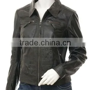 Ladies Collar Style Short Length Leather Jacket thumbnail-1