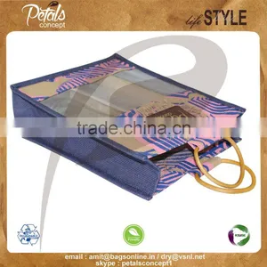 PP Laminated Jute Three Bottle Wine Bag With Wooden Cane Handle thumbnail-3