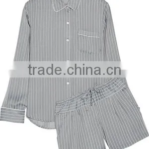 Pajamas Women Summer Long Sleeve Wholesale Custom Made in China Striped Satin Pajama Set thumbnail-4
