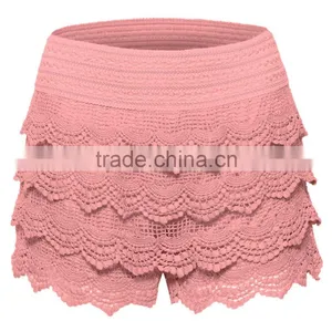 Women's Elastic Waist Lined Crochet Lace Scallop Hem Casual Mini Summer Shorts thumbnail-4
