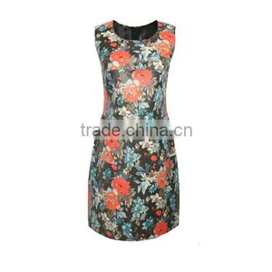 China Supplier Women Woven Garment Factory Ladies' Sleeveless Slim Fit Flora Printed Round-necked Designer One Piece Party Dress thumbnail-2