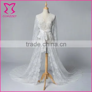 R02: Corzzet OEM Products White Chiffons Lace Long Sleeves Applique Long Robe thumbnail-1
