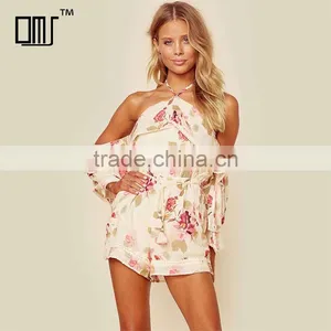 Floral Print Feminine Playsuits Allover Halter Drawstring Rompers thumbnail-1