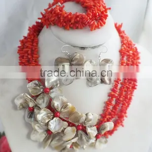Free Shipping!!! Red Coral and Shell Flower Jewelry Set With Necklace Earrings and Bracelet thumbnail-2