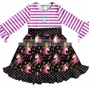 Ruffle Lace Fall Boutique Outifit Princess Print Unicorn Pattern Cattoon Print Swing Dress Girls Casual Dress thumbnail-3