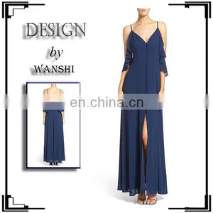 New Arrival Women Clothes Fluttery Short Sleeves Ladies Dress Off the Shoulder Front Slit Chiffon Maxi Dress thumbnail-1