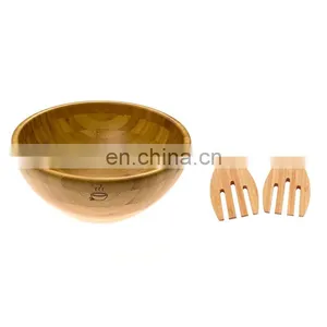 Biodegradable Antique Natural Bamboo Fiber Wooden Salad Mask Fruit Round Yellow Rice Bowl With Fork and Spoon Set thumbnail-5