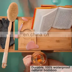 Luxury Extendable Bathtub Caddy Trays Natural Bamboo Bathroom Bed Organizer Tray Bamboo Bathtub Caddy Tray thumbnail-4