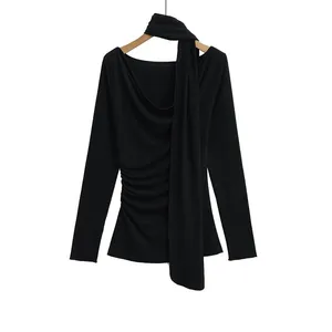 Pure Desire Style Loose Collar Hanging Neck Streamer Long-sleeved T-shirt Spring Design Pleated Slim Body Hot Girl Bottom Shirt Women thumbnail-2
