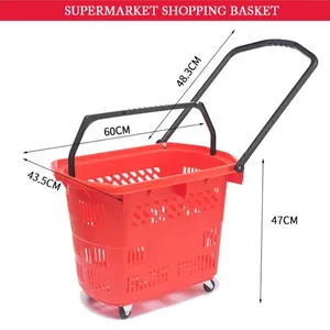 Plastic Supermarket Shopping Basket With Telescopic Handle With Wheels Plastic Crate thumbnail-1