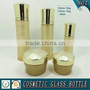 Luxury Golden Coloured Cosmetic Glass Lotion Bottle and Cosmetic Cream Jar thumbnail-1