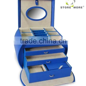 Blue Four-layer Lint Faux Leather Mirror Jewelry Box With Drawers thumbnail-1