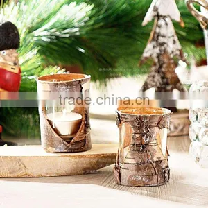 Birch Bark Glass Candle Holders With Heart Holes thumbnail-1