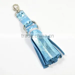 Handmade Metallic Blue Leather Tassel Keychain Keyring Charm for Women Handbag Wallet Accessories thumbnail-4
