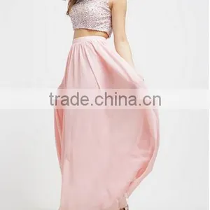 2017 Fashion Long Maxi Dresses Sleeveless Two Piece Set Long Skirts and Beaded Tops for Girls Party Wear Dress thumbnail-2