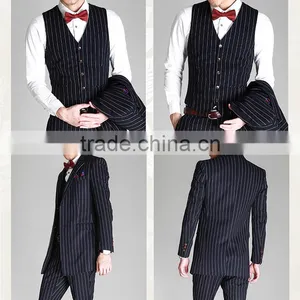 2017 Latest Design 3 Pieces Suits With Long Blazer Waistcoat and Pants Dark Blue Stripe Suite Made in China thumbnail-3
