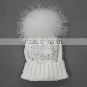 Myfur Elegant White Raccoon Fur Pom Poms Attached Wool Knitting Beanie Hat Wholesale thumbnail-1