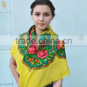 Vintage Ukrainian Shawl, Russian Floral Scarf ,russian Shawl, Floral Scarf, Head Scarf, Beautiful Shawl, Yellow, Babushka Russia thumbnail-1