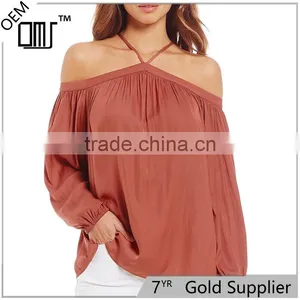 2017 Summer New Look Pullover Construction Sleeve Opening Cold Shoulder Blouse thumbnail-3