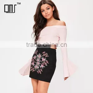 Side Zipped Embroidered Black Suede Stretchy Tight Mini Pencil Skirt thumbnail-1