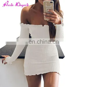 Newest One Word Collar Underbust Long Sleeve Sexy Bodycon Women Party Dress thumbnail-1