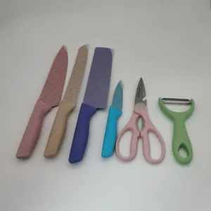 6pcs Colorful Wheat Straw Stainless Steel Kitchen Knife Set With Gift Box Packing thumbnail-1
