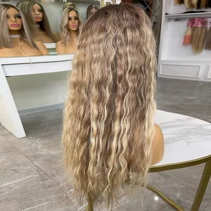 Ash Blonde Highlights Loose Deep Wave Virgin Roots 180% Ombre Human Hair Full Lace Wig for Women 13X6 HD Lace Frontal Wigs thumbnail-3