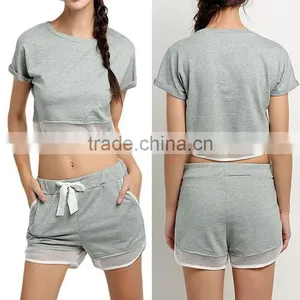 Women's Cheap Fashion Casual American Style Clothing Mesh Trim 2 Piece Set Crop Tops + Pocket Shorts Outfit Suit thumbnail-1