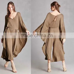 New Design Ladies Suit One Piece 95% Rayon, 5% Spandex Self-tie Waist Dolman Cocoon Custom Made Wide Leg Ladies Jumpsuit thumbnail-1