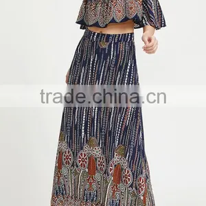 Multicolor Vintage Print off Shoulder Two Piece Set Boho Ruffle Top and Long Skirt thumbnail-4