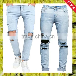 New Fashion Skinny Washed Hole Jeans 2017 Men Damaged Denim Jeans Pants thumbnail-1