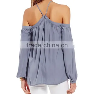 2017 Summer New Look Pullover Construction Sleeve Opening Cold Shoulder Blouse thumbnail-5